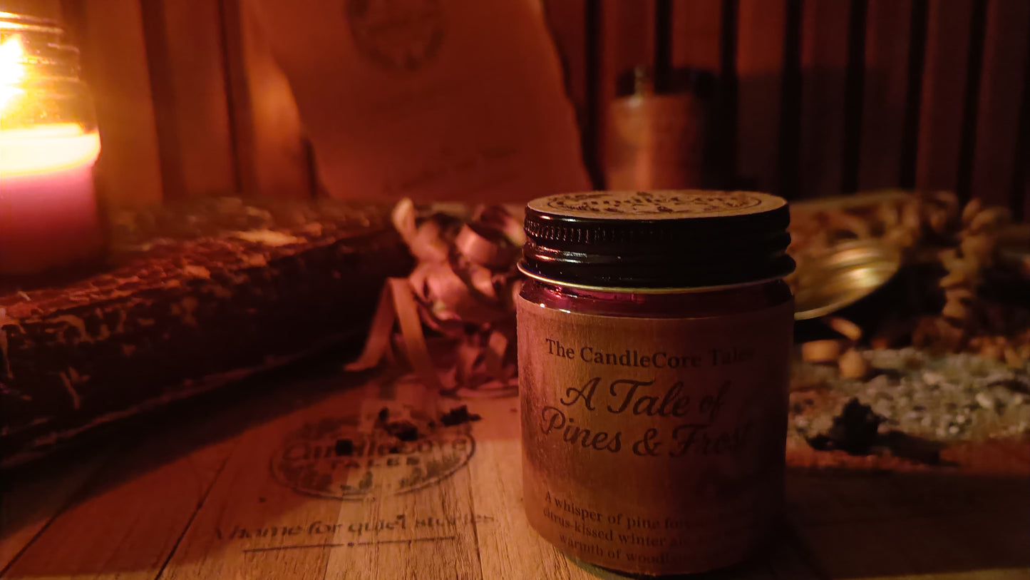 A Tale of Pines & Frost soy candle photographed by candlelight on a rustic wooden surface, creating a calm winter evening atmosphere.