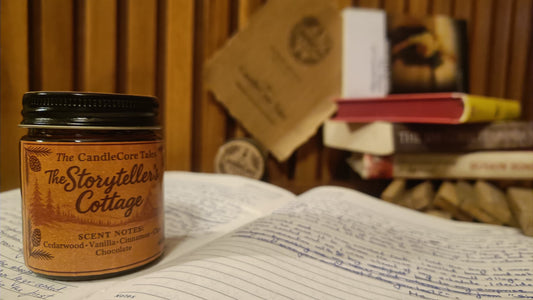 Handmade soy candle "The Storyteller's Cottage" on an open book with warm glow, perfect for reading evenings.