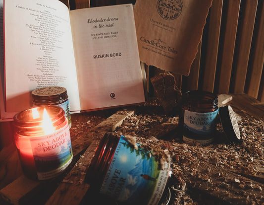 Sky Above Deodar scented candle in a storytelling background for cosy moments 