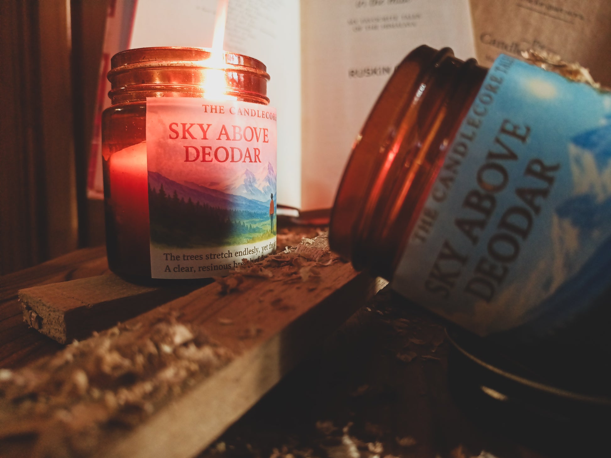 Storytelling scene with Sky Above Deodar candle inspired by Himalayan deodar forests and slow living
