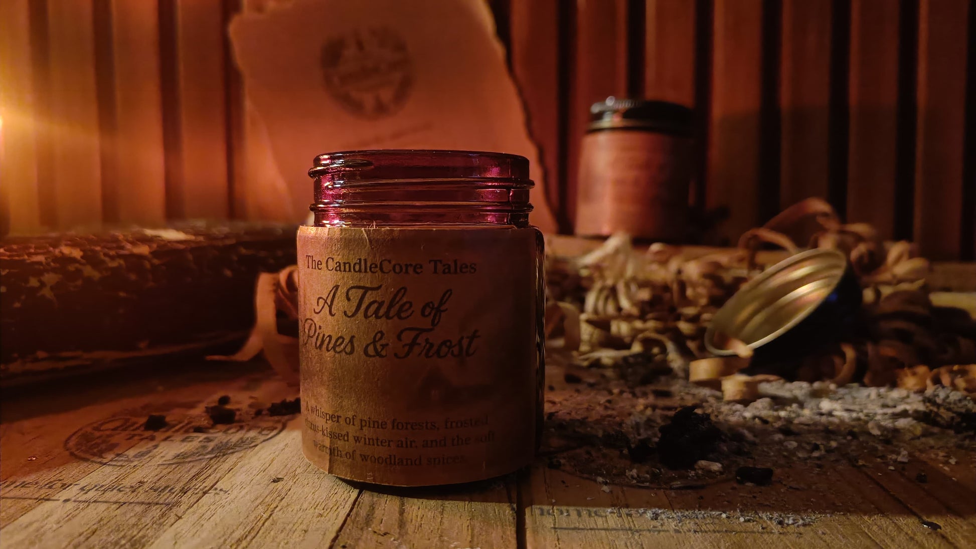 A Tale of Pines & Frost soy candle placed on a rustic wooden surface in warm low light, evoking a quiet winter forest cabin.