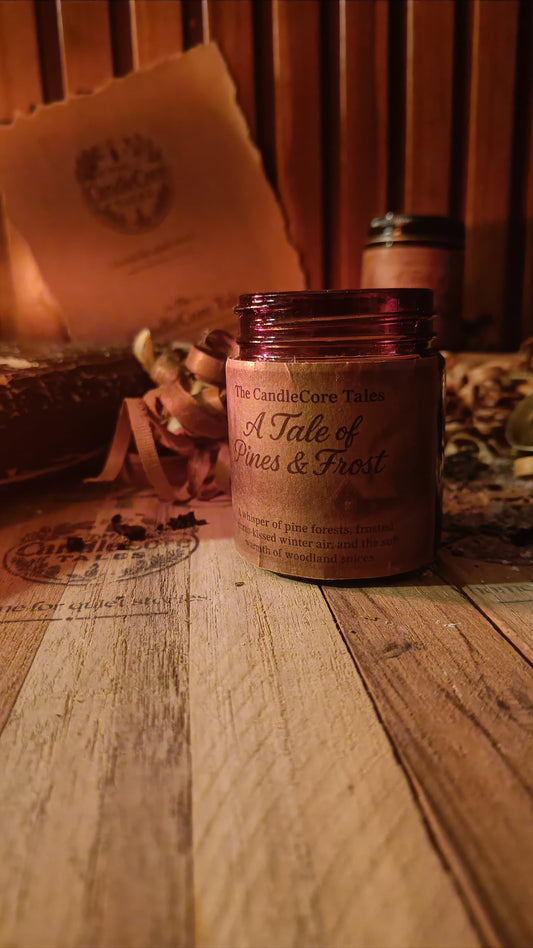 A Tale of Pines & Frost soy candle placed on a wooden surface in warm low light, evoking a calm winter forest atmosphere.