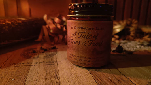 A Tale of Pines & Frost soy candle photographed in warm ambient light on a rustic wooden surface with the label clearly visible.